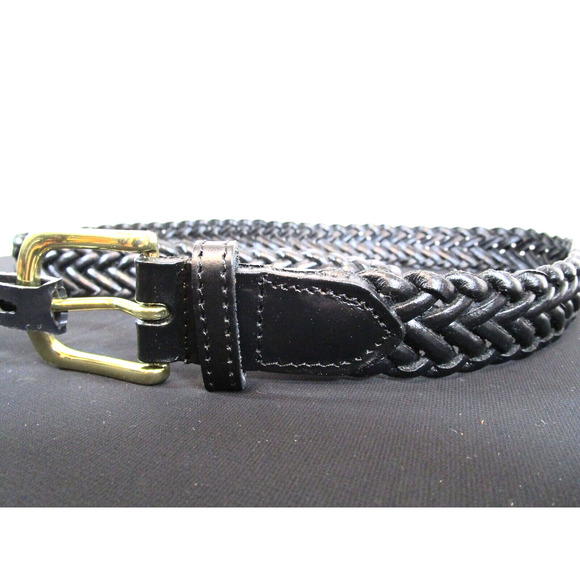 NWT Parker Black Leather Brass Buckle Braided Belt Women Sz M, 29"-33" - Picture 2 of 7